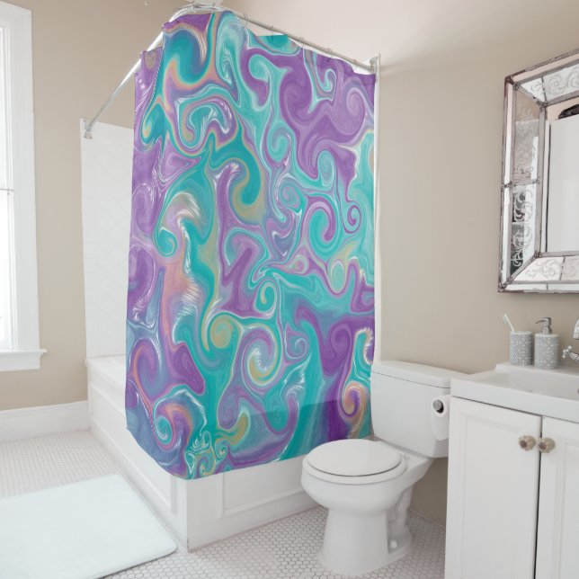 Purple, Teal and Gold Swirls Fluid Art  Shower Curtain (In Situ)