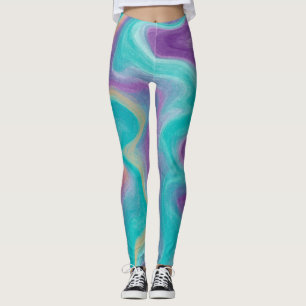 Purple, Teal and Gold Swirls Marble Leggings