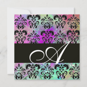 PURPLE TEAL AQUA BLUE BLACK DAMASK MONOGRAM INVITATION