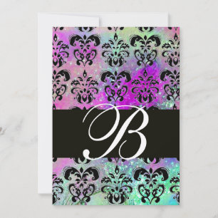 PURPLE TEAL AQUA BLUE BLACK DAMASK MONOGRAM INVITATION