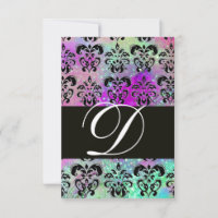 PURPLE TEAL AQUA BLUE BLACK DAMASK MONOGRAM RSVP