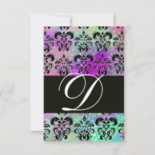 PURPLE TEAL AQUA BLUE BLACK DAMASK MONOGRAM RSVP