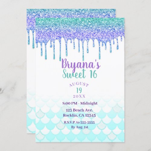 Purple  Teal Aqua Glitter Drip Mermaid Sweet 16 Invitation