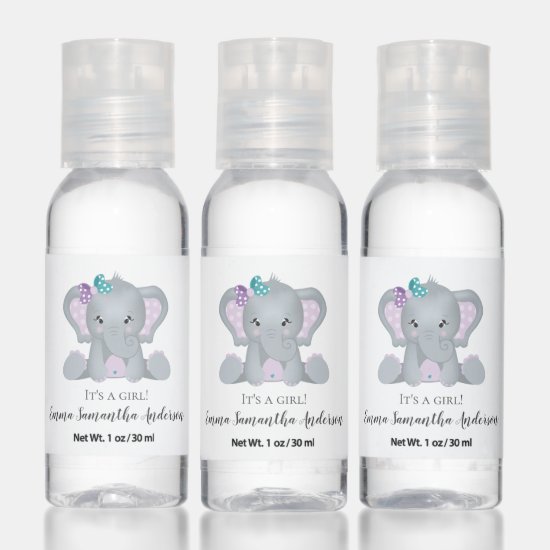 Purple & Teal Baby Elephant Baby Shower Hand Sanitizer