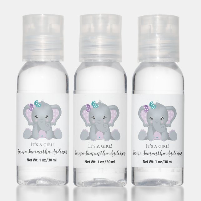 Purple & Teal Baby Elephant Baby Shower Hand Sanitizer (Set)