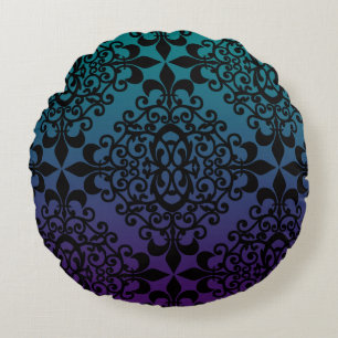 Purple Teal Black Damask Pattern Round Pillow