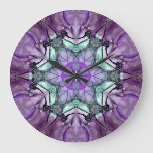 Purple Teal black floral star Snowflake Large Clock