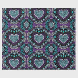 Purple, Teal & Black Valentine's Day Heart Mandala Wrapping Paper