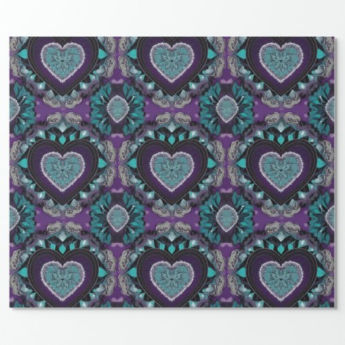 Purple Teal  Black Valentines Day Heart Mandala Wrapping Paper