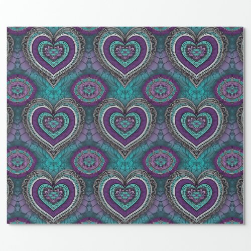 Purple Teal  Black Valentines Day Heart Mandala Wrapping Paper