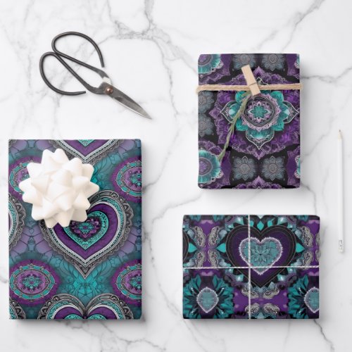 Purple Teal  Black Valentines Day Heart Mandala Wrapping Paper Sheets