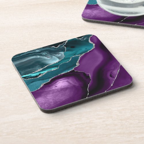 Purple Teal Blue Agate Silver Glitter Beverage Coaster