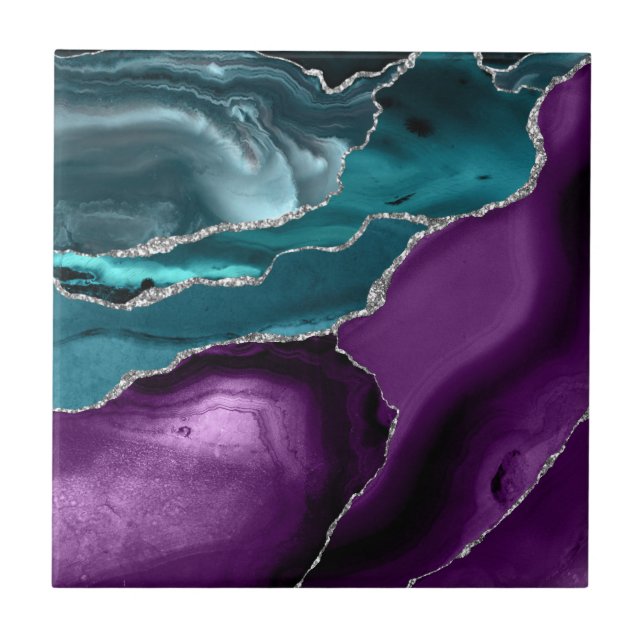 Purple Teal Blue Agate Silver Glitter Ceramic Tile (Front)