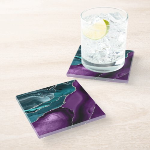 Purple Teal Blue Agate Silver Glitter Glass Coaster