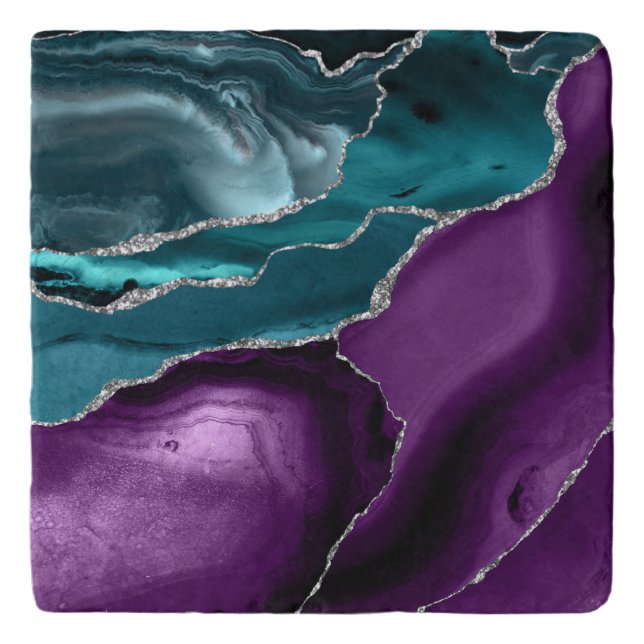 Purple Teal Blue Agate Silver Glitter Trivet (Front)