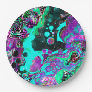 Purple, Teal, Blue, Black Colorful Abstract Fluid Paper Plates