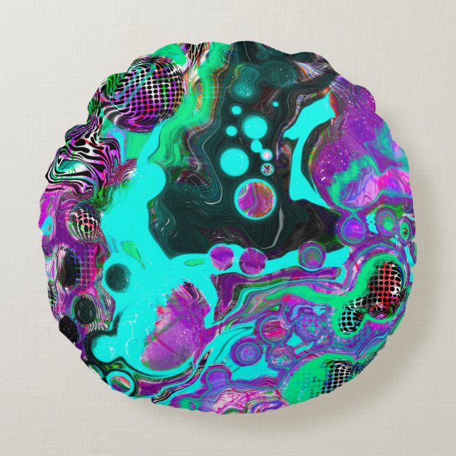 Purple, Teal, Blue, Black Colorful Abstract Fluid  Round Pillow (Front)