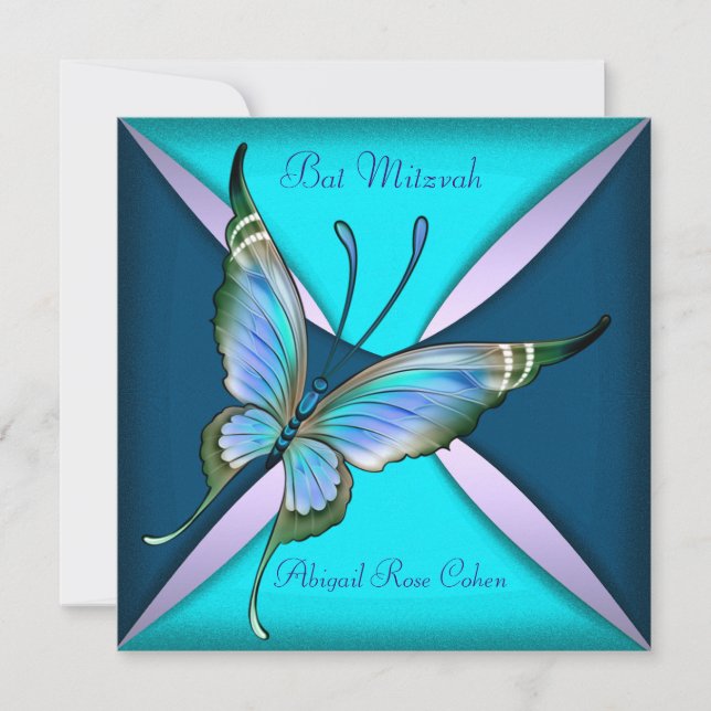 Purple Teal Blue Butterfly Bat Mitzvah Invitation (Front)