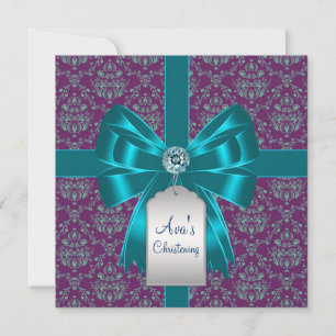 Purple Teal Blue Damask Baby Baptism Christening Invitation