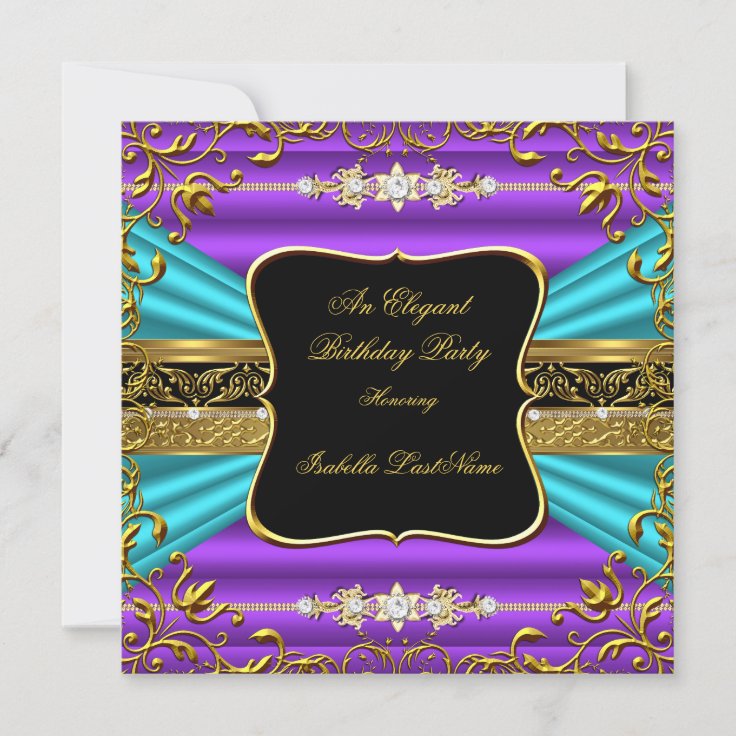 Purple Teal Blue Damask Black Gold Birthday Party Invitation | Zazzle