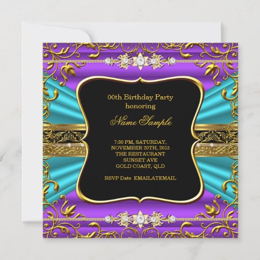 Purple Teal Blue Damask Black Gold Birthday Party Invitation | Zazzle