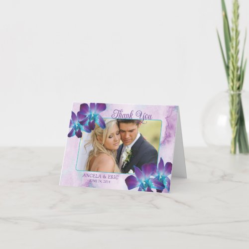 Purple Teal Blue Dendrobium Orchid Wedding Photo Thank You Card