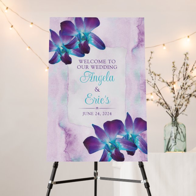 Purple Teal Blue Dendrobium Orchid Wedding Welcome Foam Board (In Situ (Stand))
