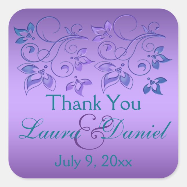 Purple, Teal Blue Floral 1.5" Sq. Wedding Favor Square Sticker (Front)