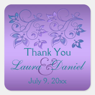 Purple, Teal Blue Floral 1.5" Sq. Wedding Favor Square Sticker