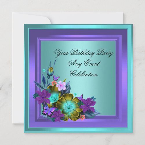 Purple Teal Blue Floral Elegant Party Custom Invitations