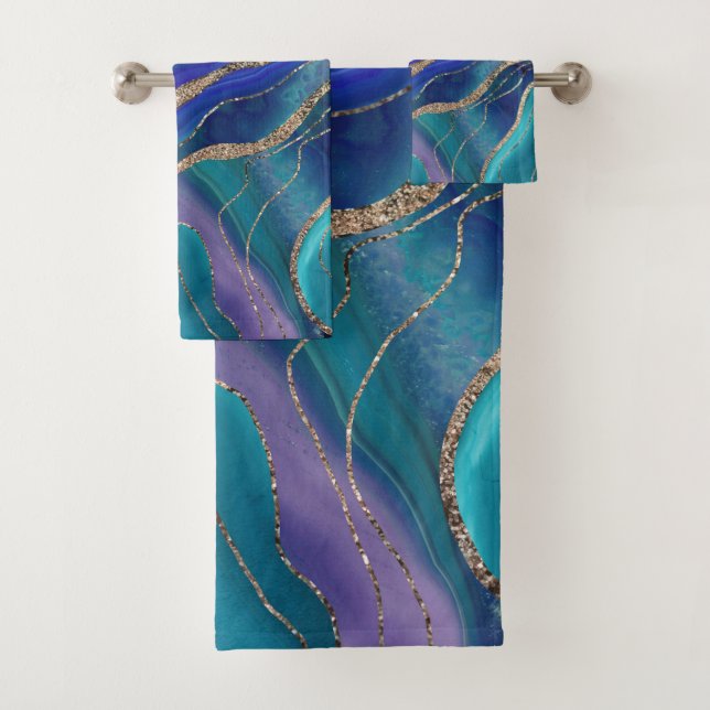 Purple Teal Blue Galaxy Nebula Agate Glitter #1 Bath Towel Set (Insitu)