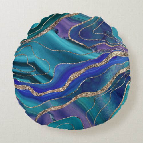 Purple Teal Blue Galaxy Nebula Agate Glitter 1 Round Pillow