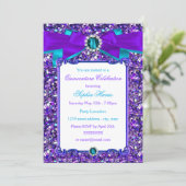 Purple Teal Blue Glitter Jewel Bow Quinceanera Invitation (Standing Front)
