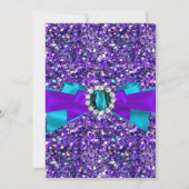Purple Teal Blue Glitter Jewel Bow Quinceanera Invitation (Back)
