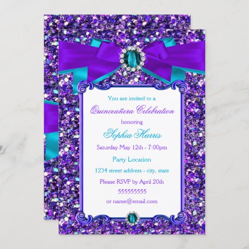 Purple Teal Blue Glitter Jewel Bow Quinceanera Invitation