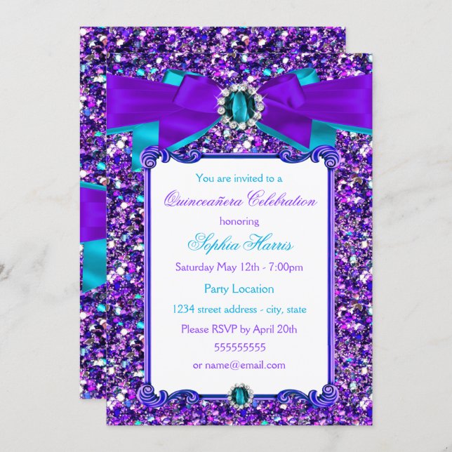 Purple Teal Blue Glitter Jewel Bow Quinceanera Invitation (Front/Back)
