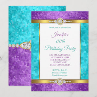 Purple Teal Blue Gold Diamond Birthday Party Invitation