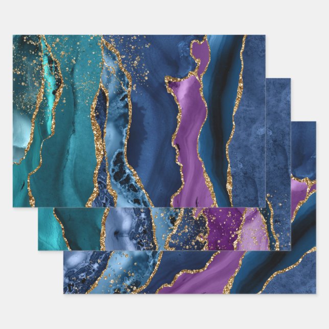 Purple, Teal & Blue & Gold Glitter Peacock Agate Wrapping Paper Sheets (Set)