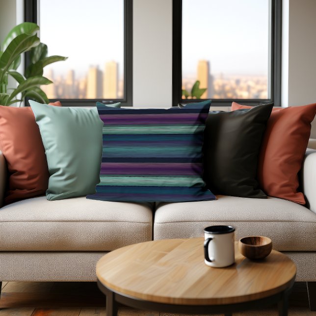 Purple Teal Blue Green Watercolor Stripes Pattern Throw Pillow (Creator Uploaded)