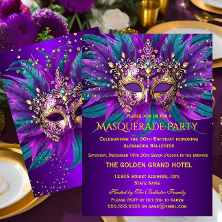 Purple Teal Blue Masks Masquerade Birthday Party Invitation