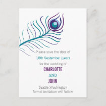 Purple teal blue peacock wedding save the dates announcement postcard