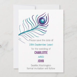 Purple teal blue peacock wedding save the dates date