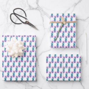 Purple Teal Blue Pineapple Pattern Wrapping Paper Sheets