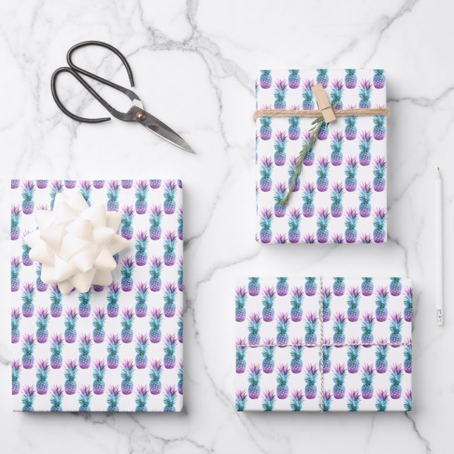 Purple Teal Blue Pineapple Pattern Wrapping Paper Sheets (Front)