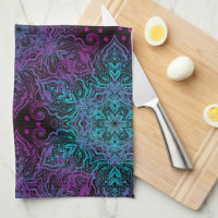 Purple Teal Blue Snowflake Mandala Apron Kitchen Towel