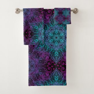 Purple Teal Blue Snowflake Mandala Bath Towel Set