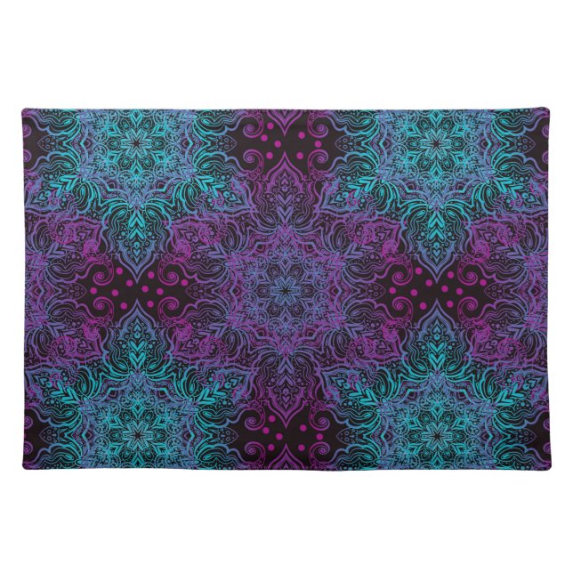 Purple Teal Blue Snowflake Mandala Cloth Placemat (Front)