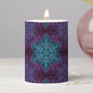 Purple Teal Blue Snowflake Mandala Elegant Pillar Candle