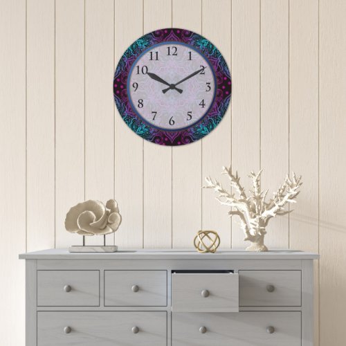Purple Teal Blue Snowflake Mandala Flourish Large Clock