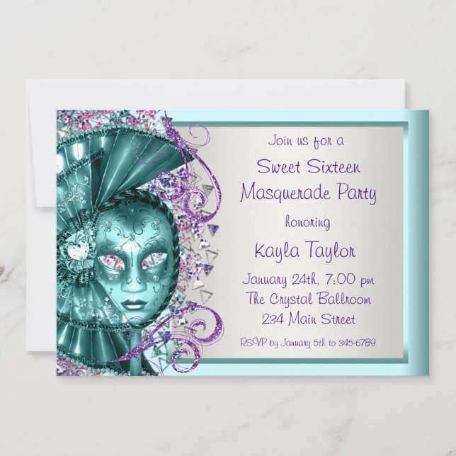 Purple Teal Blue Sweet Sixteen Masquerade Party Invitation (Front)